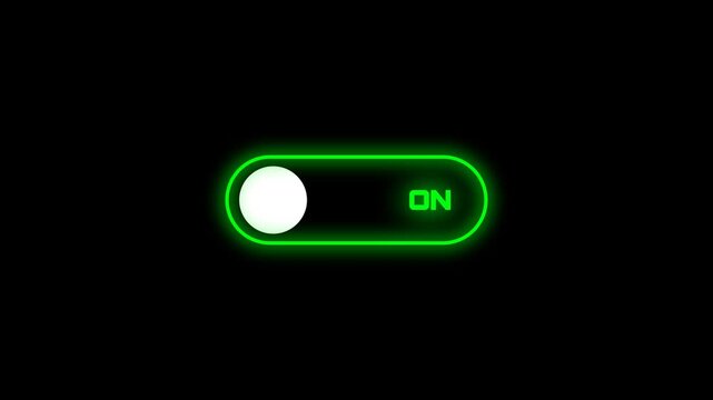 Toggle switch animation featuring a neon glowing green ON button sliding to a red OFF status. UI element on a black background. Ideal for tech, gaming, and app interface motion graphics.
