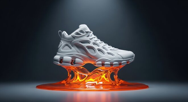 3D white sneaker atop a bright orange, fluid base