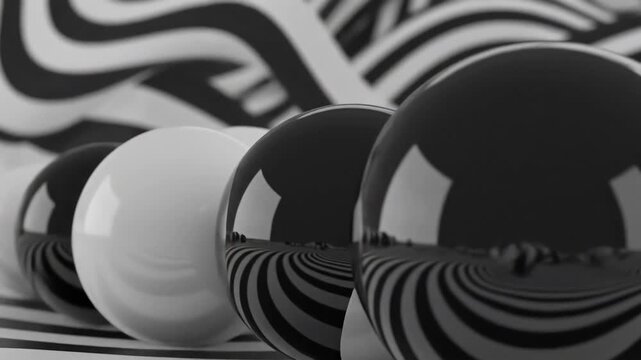 Abstract Black and White Spheres with Reflective Surfaces and Zebra Pattern Background Create a Striking Visual Contrast.