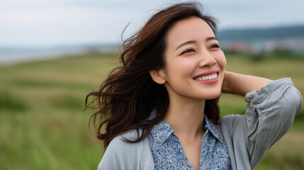 Smiling woman in countryside with wind in hair
