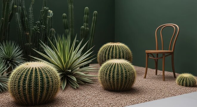 Cacti, agave, chair, gravel floor in a green corner