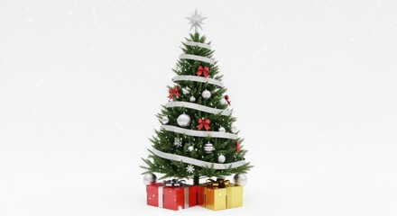 Obraz premium Decorated tree with presents, silvery ribbons, and star