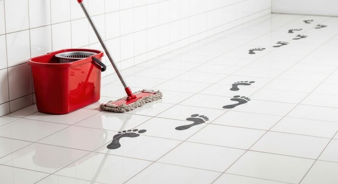 Dirty footprints lead to mop and bucket on tiled floor