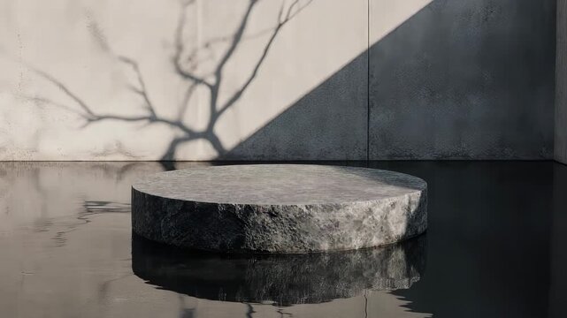 A sleek, circular grey basalt stone podium sitting in the center of a calm water pond. Soft ripples moving outward. Background is a minimalist concrete wall with a branch shadow casting over it. 