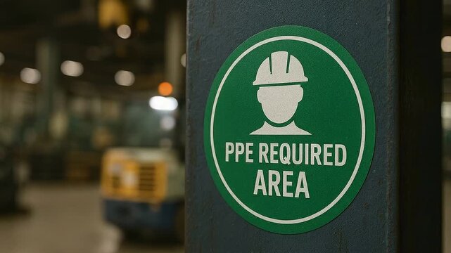 PPE required area sign metal pillar industrial workshop hard hat zone safety helmet icon bold text urgent protective equipment PPE personal protective equipment sign for industrial warehouse workers