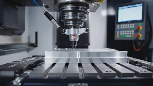 Close-up of a precision CNC milling machine processing a l workpiece with coolant spray