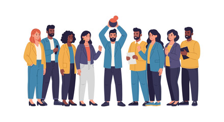 Obraz premium Diverse Business Team Celebrating Success with Trophy. Inclusive Professionals Achieving Goals Together. Collaboration and Leadership Vector Illustration.
