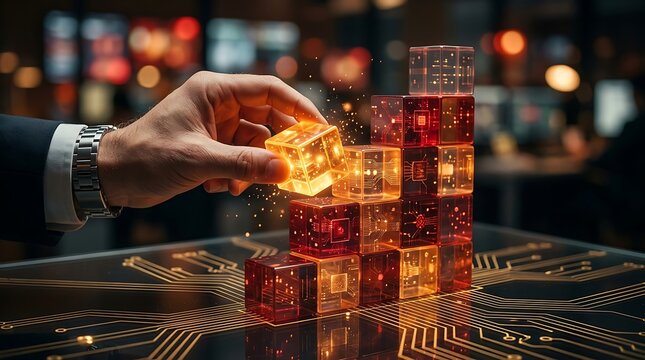 Hand placing glowing digital cubes with circuit patterns symbolizing blockchain technology and digital innovation in business