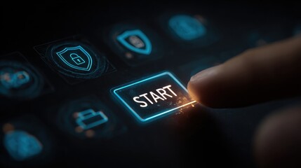 Obraz premium Digital Start: A finger presses a glowing START button, surrounded by security icons on a high-tech screen, symbolizing the initiation of digital processes and data protection.