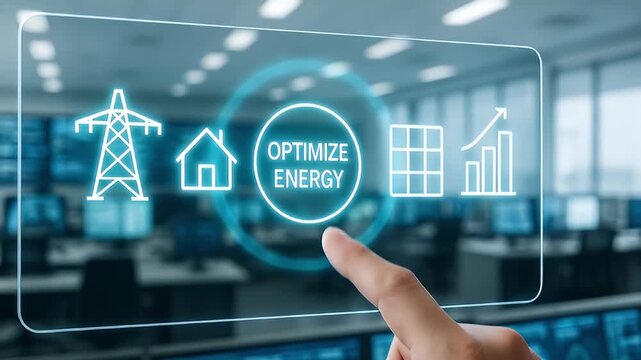 Optimize energy control panel with finger touch smart home power management interface displaying panel, house, solar panel, power grid and growth chart for efficient energy control and data analytics