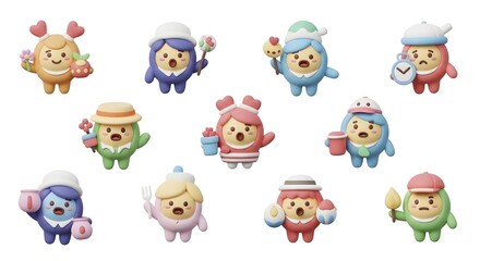 Obraz premium Collection of diverse cartoon characters in winter attire displayed together on a clean white background
