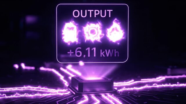 Output display showing energy output kWh with battery gear home icons over glowing circuit chip, futuristic neon purple interface and electricity pathways, smart grid power output measurement