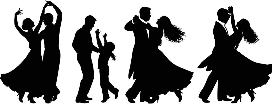 Ballroom dancing silhouettes set with elegant couples performing tango waltz and salsa moves for romantic events gala and wedding celebrations.