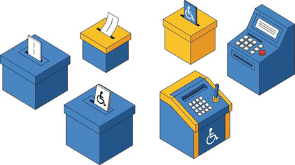 Obraz premium Collection of isometric voting and ticketing machines represents secure civic participation.
