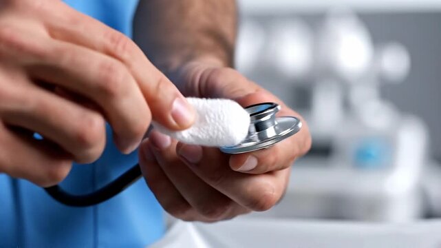 healthcare industry nurse prevention concept. Doctor cleaning stethoscope with alcohol pad before use.
