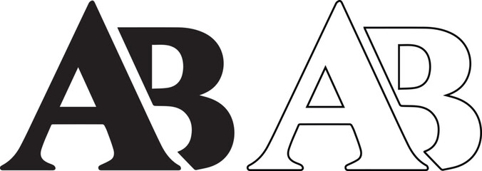 vector icon features the overlapping alphabet letters A and B as a typographic monogram, presented in both solid black silhouette and line outline styles for logo design. © Shah Hasanuzzaman