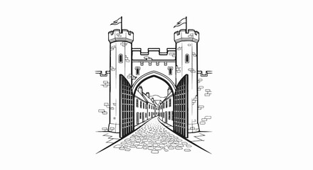 Obraz premium Ornate castle entrance with open gates revealing a cobblestone street with houses