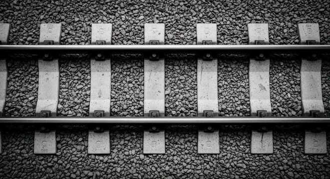Train tracks, gravel ground, black and white detailed view