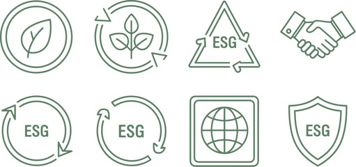 Set of green line icons representing environmental social governance concepts and business.