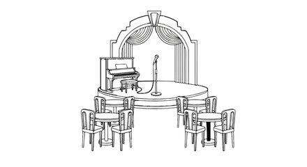 Naklejka premium Stage setup with piano, microphone, and audience seating