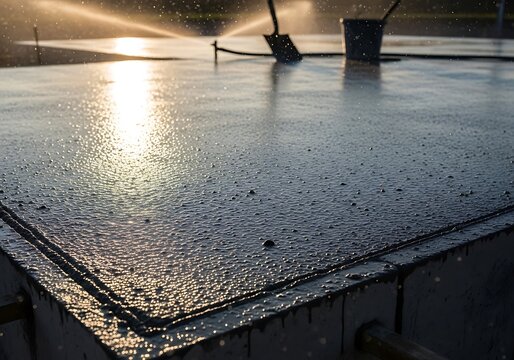 Freshly poured concrete slab glistening under morning sunlight during curing
