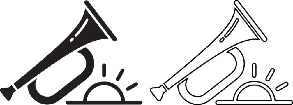 vector icon set features a military bugle or trumpet with a morning sunrise, illustrating a wake-up call or reveille in both black silhouette and line outline styles.