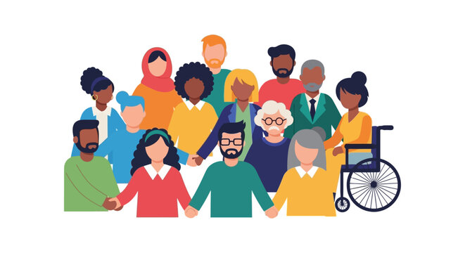 Diverse Group of People Holding Hands Representing Unity, Inclusion, and Community. Multicultural Crowd with Different Ages and Abilities.