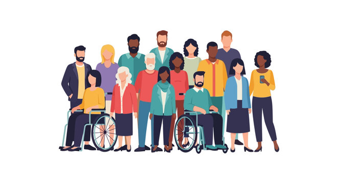 Diverse & Inclusive Community: Multi-Ethnic Group of Men, Women, Seniors, and Individuals with Disabilities - Vector Illustration