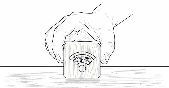 Hands hold a wooden block with a Wi-Fi symbol etched into its surface
