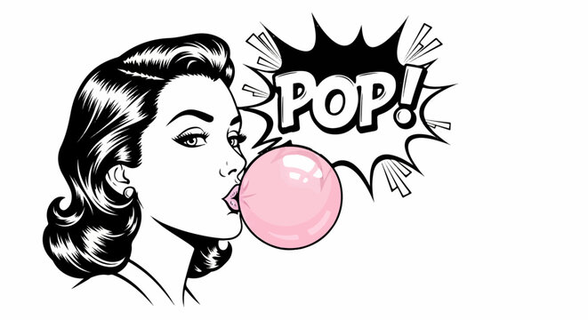 Retro pop art woman blowing a pink bubble gum bubble with POP text