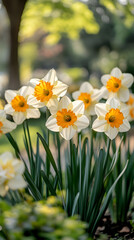 Obraz premium Beautiful daffodils blooming in a vibrant garden, surrounded by lush greenery and soft sunlight filtering through trees