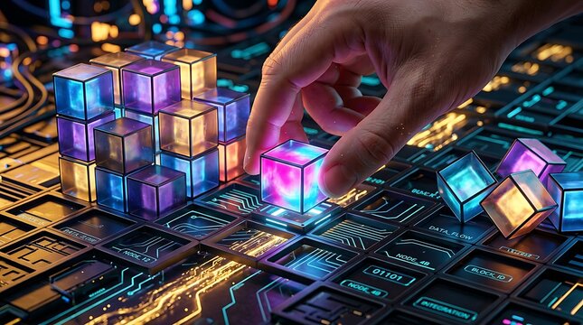 Hand placing glowing digital blocks on a futuristic circuit board symbolizing blockchain technology and data integration for secure digital transactions