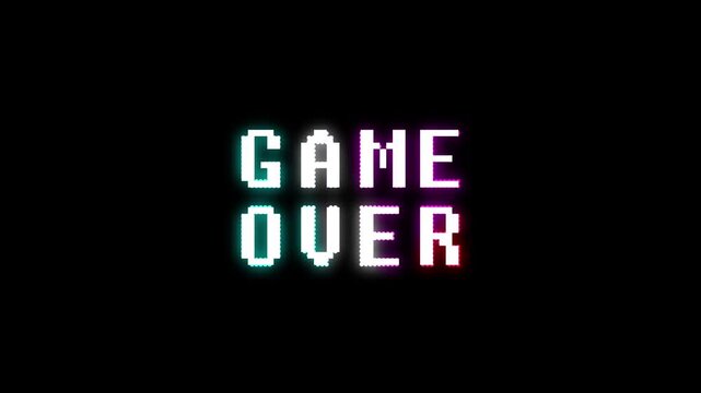 Game over text animation _ glitch style. Pixelated 'GAME OVER' text with a vibrant neon gradient effect on a dark black background, reminiscent of retro video games. 
