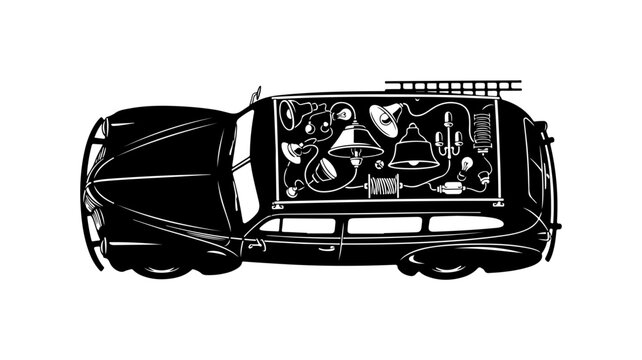 Black, minimalist van illustration, top view, with bike rack and gear, cycling accessories