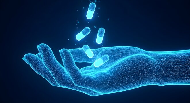 Glowing blue hand releasing capsules in futuristic medical concept