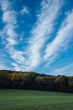Paysage de campagne en automne avec un ciel bleu et des nuages blancs. Cirrus au dessus d'une for&ecirc;t. Paysage rural automnal. 