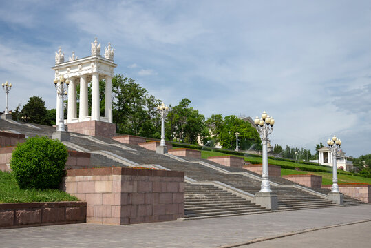 Propylaea and Central staircase on the Upper Terrace. Volga River embankment. Volgograd, Russia