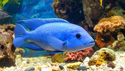 A vibrant blue fish swims in a well-lit aquarium, flanked by colorful coral, rocks, and other aquatic elements