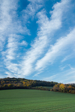 Paysage de campagne en automne avec un ciel bleu et des nuages blancs. Cirrus au dessus d'une for&ecirc;t. Paysage rural automnal. 