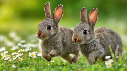 Fototapeta premium Two young rabbits with twitching noses exploring a grassy meadow with daisies in daylight