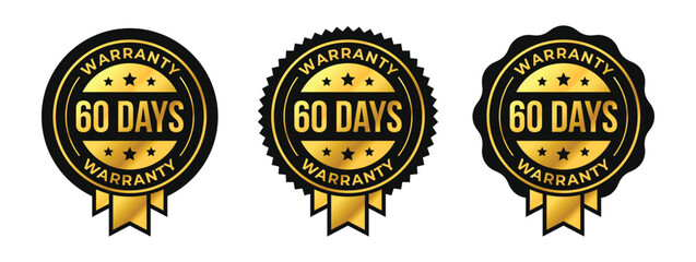 60 days premium luxury warranty logo set with golden ribbon and stars in circle vector illustration. For icon, sign, symbol, badge, stamp, seal, label, shield, stickers, certificate, award