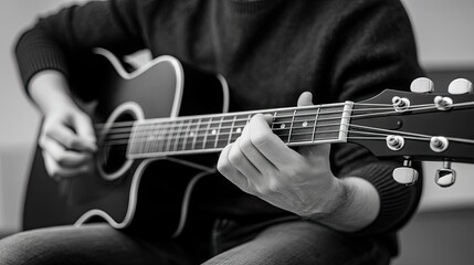 Hands play guitar on strings with focus on motion and texture in cozy setting during daytime, captured with Nikon D850 for sharp detail
