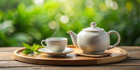 Fototapeta premium A serene tea setting on a wooden table in a natural outdoor environment