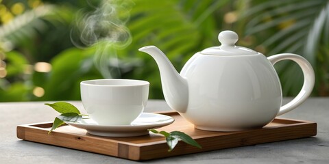 Fototapeta premium A serene tea setting with a teapot and cup on a wooden tray