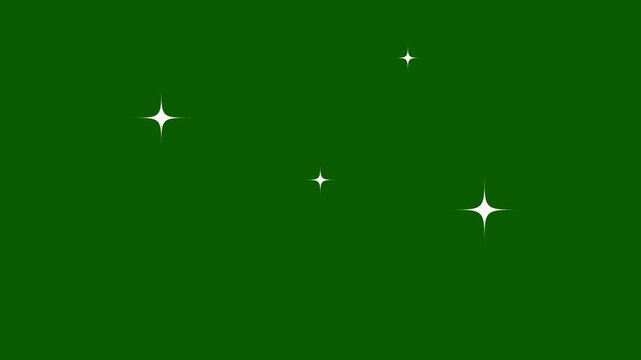 Sparkling star twinkle glitter white cartoon doodle animation, flat vector blinking shining light twinkling effect on transparent green screen background, starry sky festive overlay 4K video