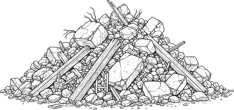 Black and white line art illustration of a large pile of rubble and debris with rocks and wooden planks for construction or disaster concepts