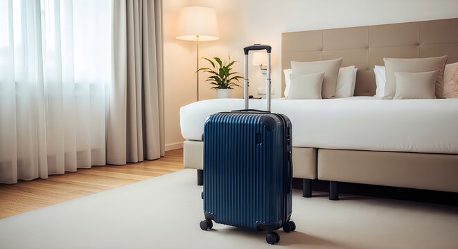 Blue suitcase standing on white carpet in hotel bedroom interior with bed and curtains