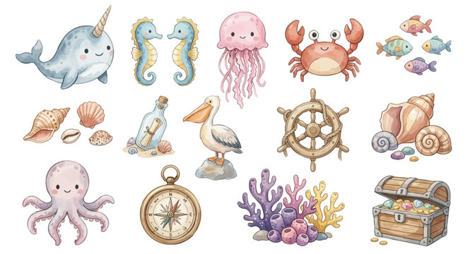 Cute ocean clipart set. Narwhal, seahorses, jellyfish, crab coral shells png Collection of Vector illustrations. Perfect for invitation, card, poster, banner, decoration