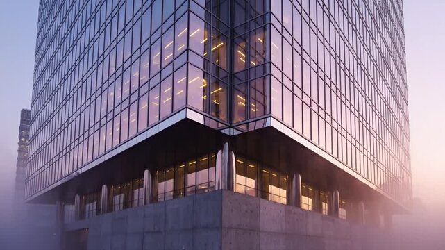 Sleek modern office building rises above misty ground level with glass fa?ade