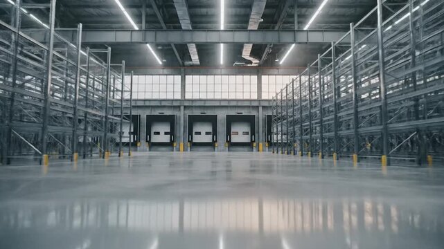 Spacious modern industrial warehouse interior with empty l shelving and multiple loading dock doors